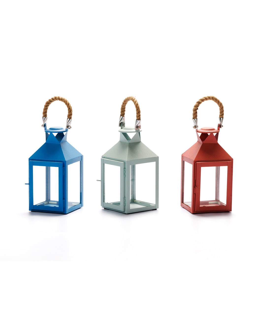 Nautical lanterns made of metal and glass, available in dusty rose, process blue, and sage green