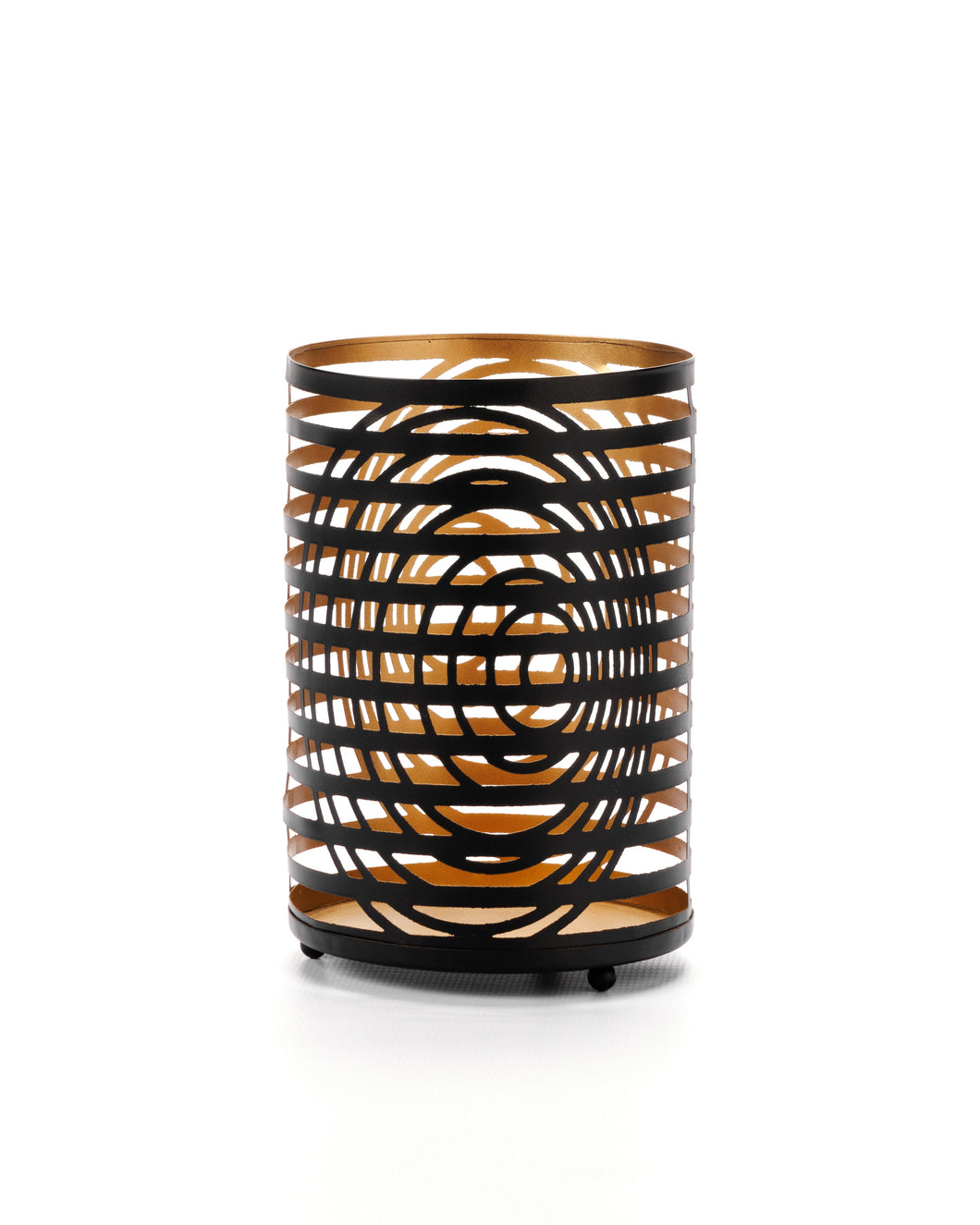 A black and gold Spiral Votive Candle Holder made of metal