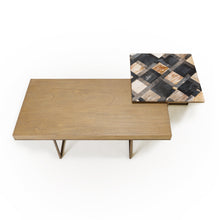 Load image into Gallery viewer, Diz Coffee Table Set with Cream Black Stone Fossil Top, Old Wood Beach, and Bronze Metal Legs. Materials include Mindi MDF Veneer Wood, Stone, and Metal Legs

