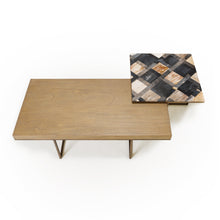 Load image into Gallery viewer, Diz Coffee Table Set with Cream Black Stone Fossil Top, Old Wood Beach, and Bronze Metal Legs. Materials include Mindi MDF Veneer Wood, Stone, and Metal Legs