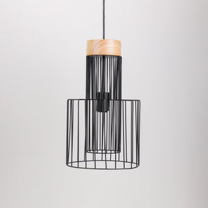 A black and Natural colour Wire Drum Pendant Light made of wood and metal