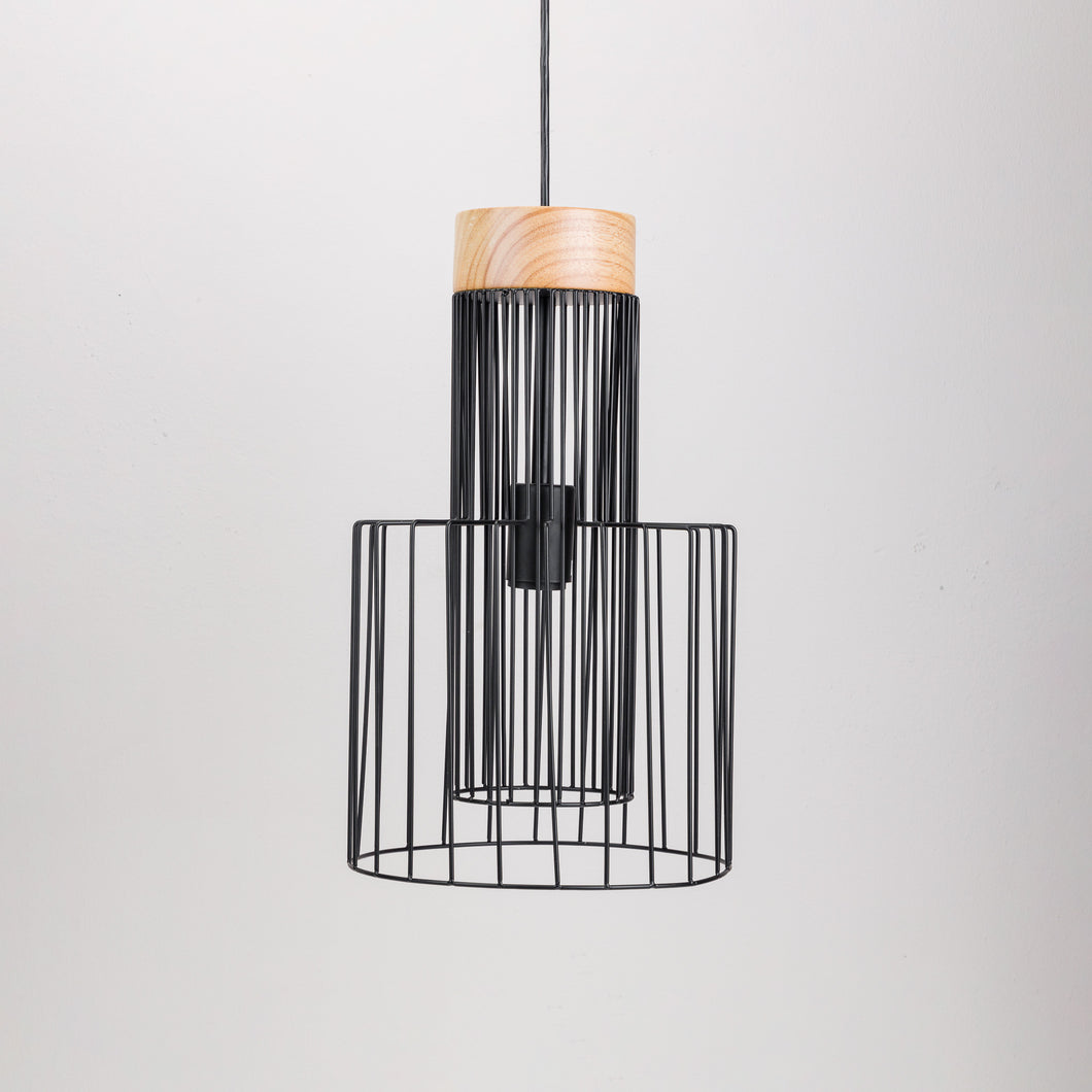 A black and Natural colour Wire Drum Pendant Light made of wood and metal