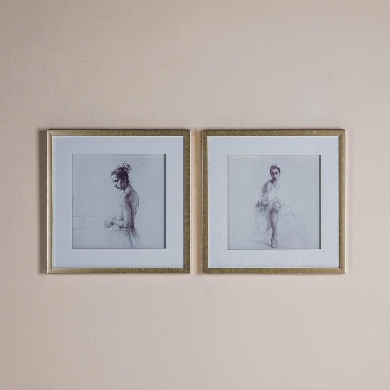 A framed pencil drawing of ballet dancers in a serene pose