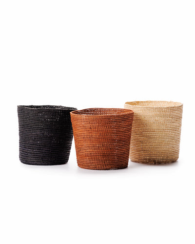 Raffia Basket made of natural grass material, available in black, rust, and natural colours