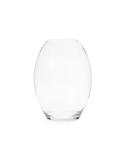 A clear glass barrel-shaped vase