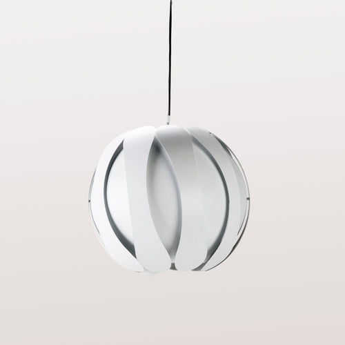 A white pendant light with a black cord