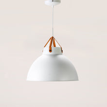 Load image into Gallery viewer, A dome pendant light with a leather strap, made of metal, in white and tan colours
