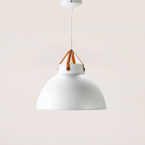 A dome pendant light with a leather strap, made of metal, in white and tan colours