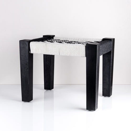 Mango wood stool in black and white colours, made of rope and mango wood