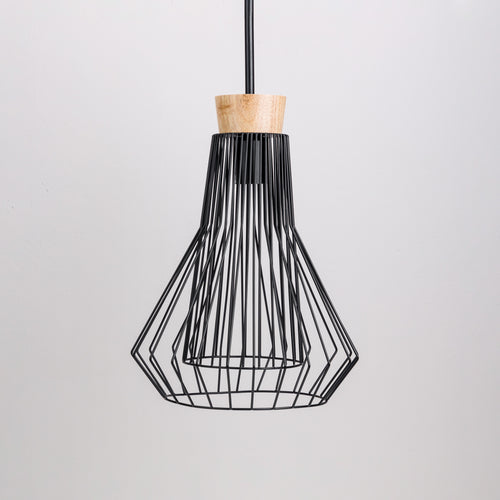A black wire pendant made of metal and wood