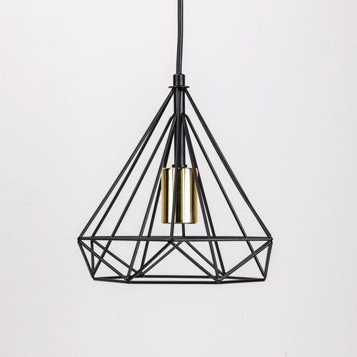 A Black Triangle Wire Pendant Light made from metal and wood