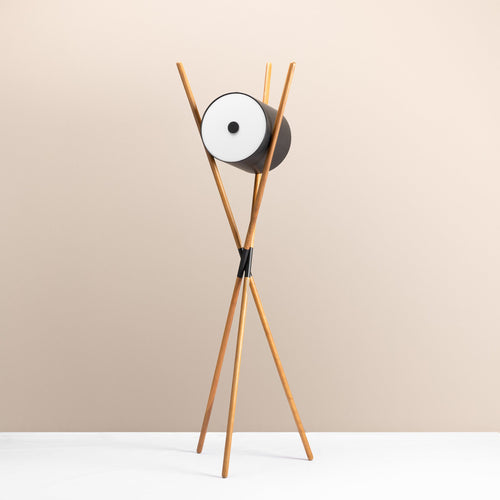 Tripod Spotlight Floor Lamp made of wood, metal, and glass, available in black, wood, and white colours