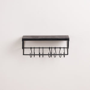 A wall-mounted rack with nine hooks, designed for hanging coats, hats, and other accessories